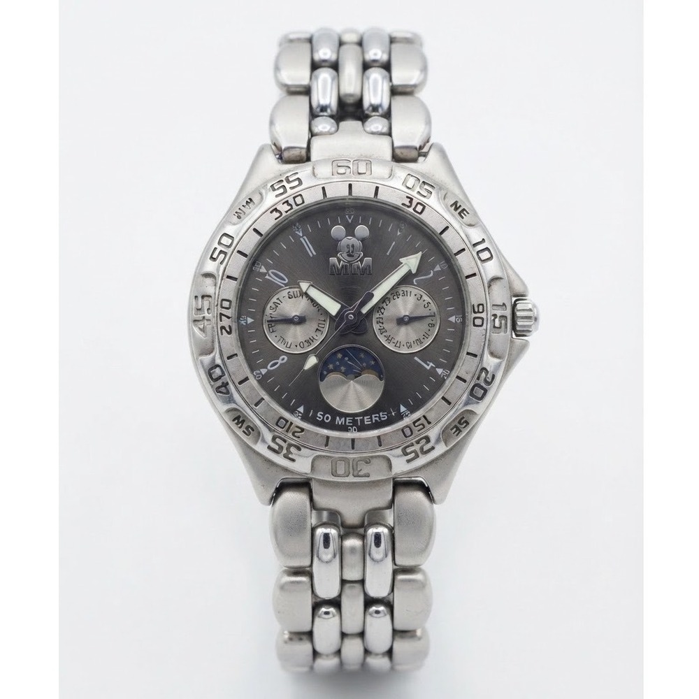 Disney Store Mickey Mouse Moonphase Watch Gray Dial Day Date Stainless Steel 50M